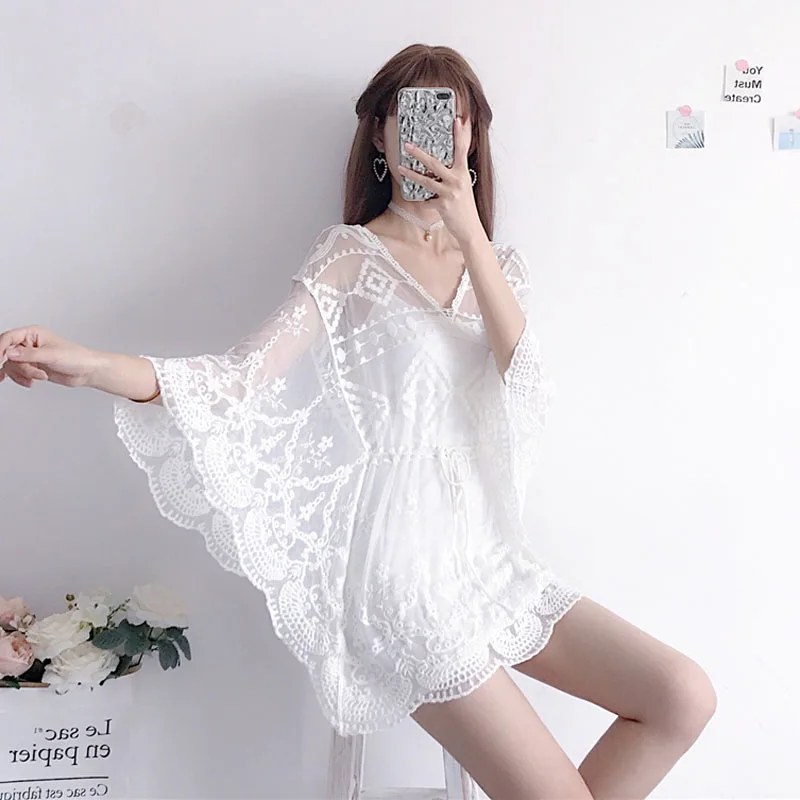 

Spring Women's 2019 Japanese Sweet Hollow Out Embroidered Lace Fairy Chiffon Dress + Spaghetti Strap Dress Set Of 2