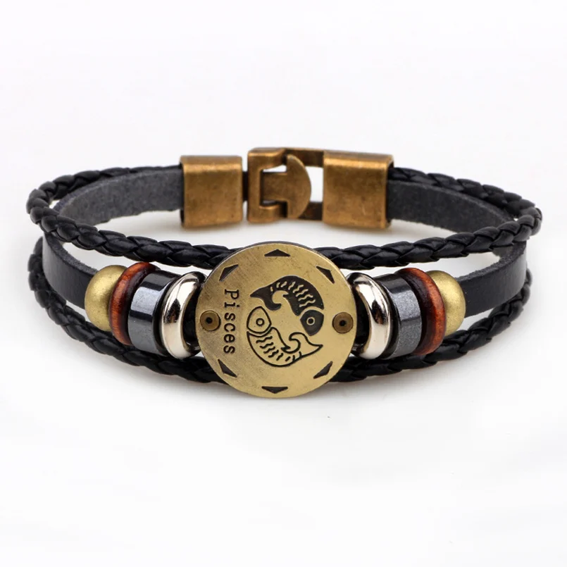 Новинка хит панк 12 созвездие браслет настоящий кожаный деревянный бисер + Черный