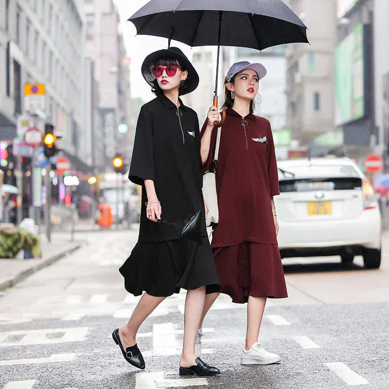 Женское пляжное платье в Корейском стиле Harajuku черное свободное с вышивкой лето