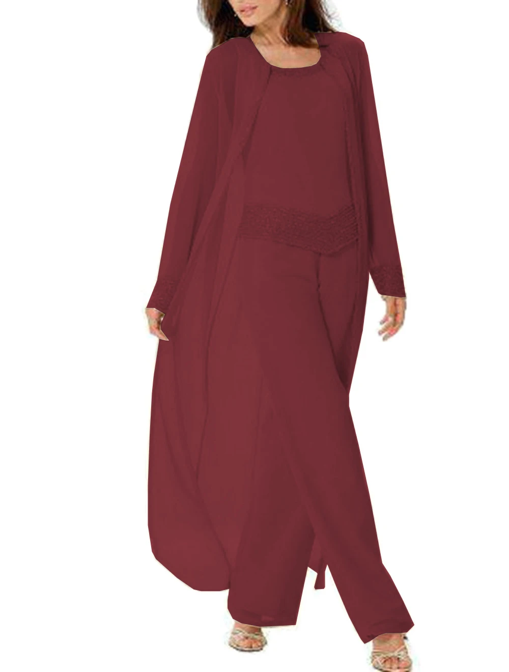 

women 3 pieces Elegant Beading Chiffon mother of the bride dress pants suit with long jacket outfit Long sleeves for wedding