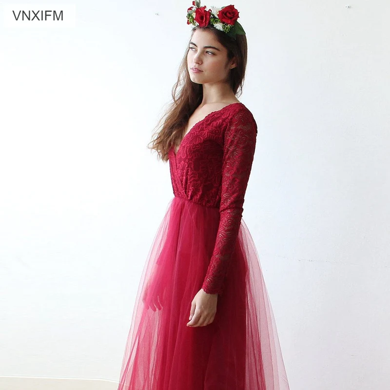 VNXIFM 2019 красное богемное кружевное пляжное свадебное платье с длинными рукавами и