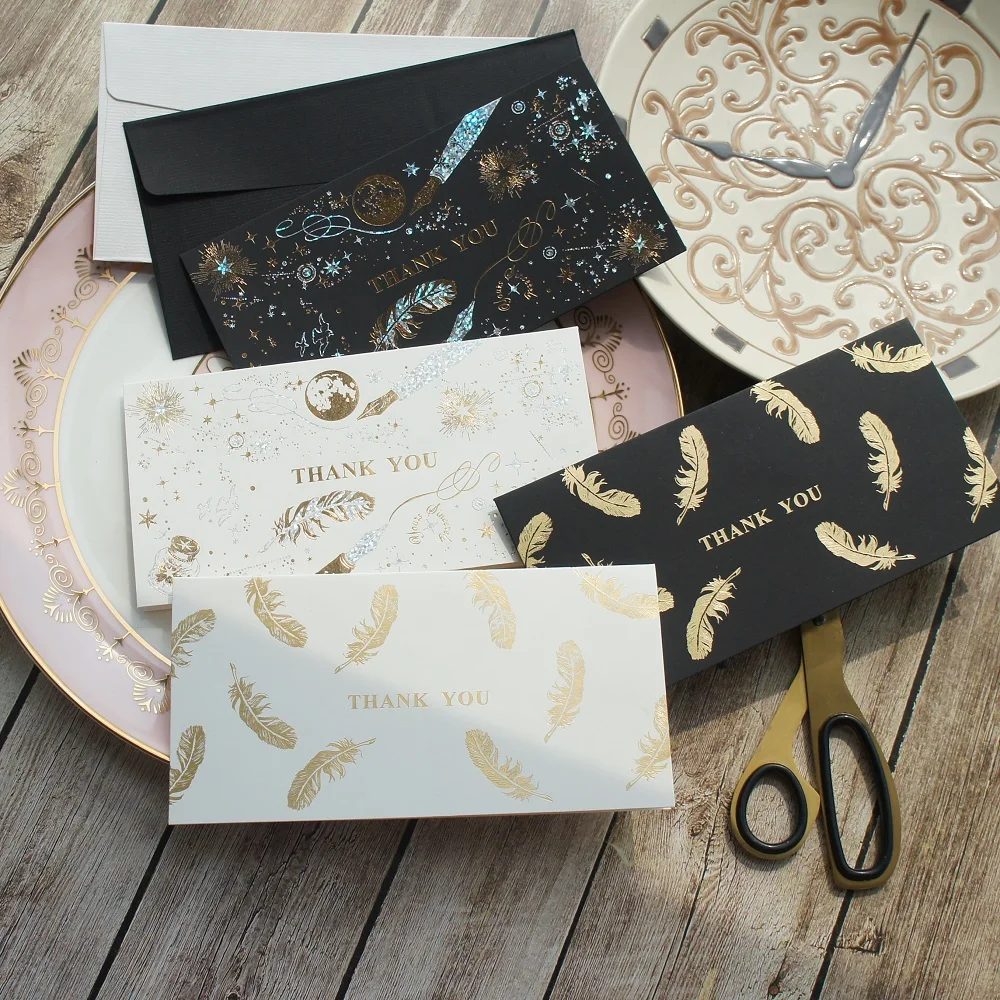 12set black white Gold Theme feather star thank you Card Wedding Birthday Valentine Party Invitation with Envelope Gift Message