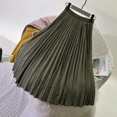 Женские юбки из оленьей кожи, длинная юбка с высокой талией, 10 цветов, плиссированная юбка средней длины для девочек, осенняя и зимняя женская юбка