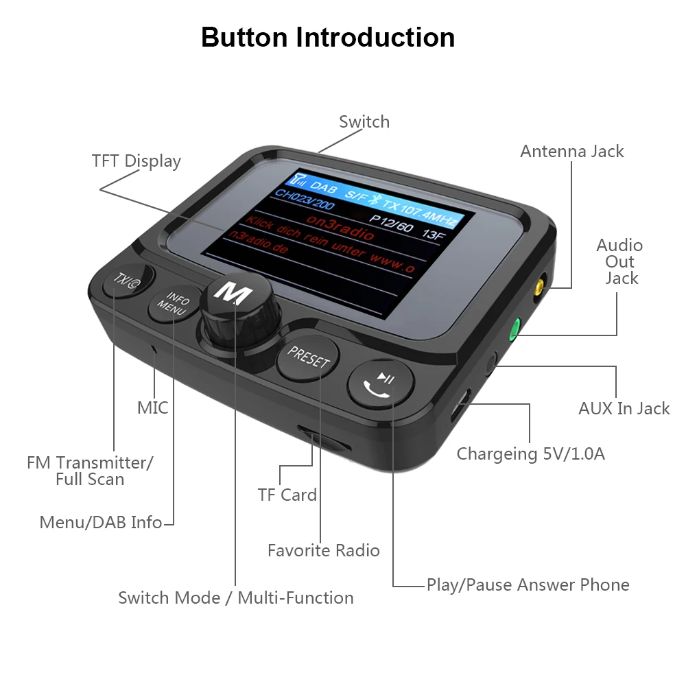 Автомобильный цифровой радиоприемник DAB 2 4 дюймов ЖК TFT цветной экран Bluetooth 64G SD/TF