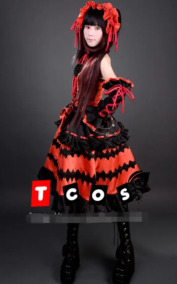 Популярный костюм Cos Tokisaki Kurumi, косплей аниме, дата, живой косплей, полный комплект на Хэллоуин, 4 в 1(платья+ головной убор+ украшение на шею+ Бант-кН