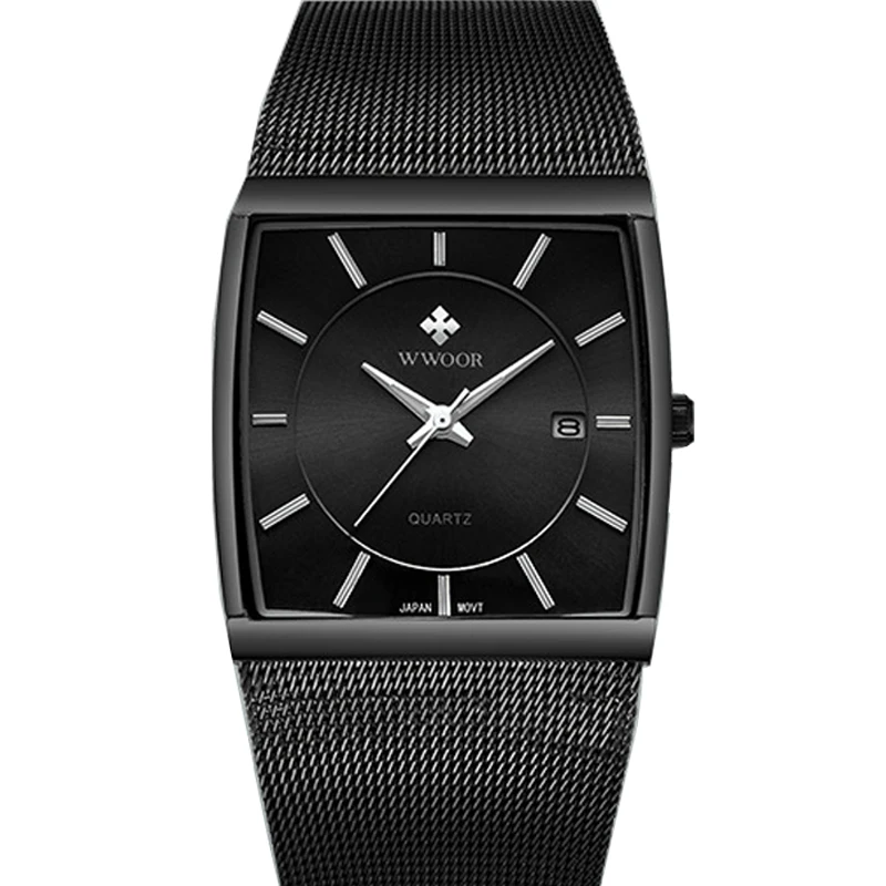 

Fashion Wwoor Brand Luxury Mens Square Quartz Male Waterproof Date Clock Black Mesh Stainless Steel Business Men Wrist Watch