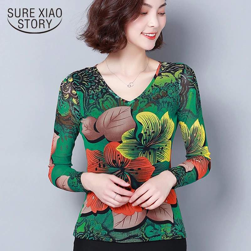 2019 Новая женская блузка с принтом большого размера рубашка длинным v образным