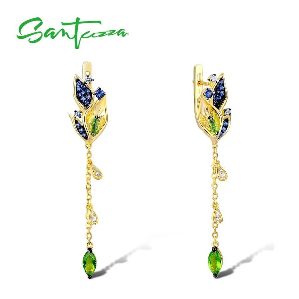 SANTUZZA, серебряные серьги для женщин, 925 пробы, Серебряные Листья, висячие серьги, золотой цвет, синий нано кубический цирконий, модное ювелирное изделие