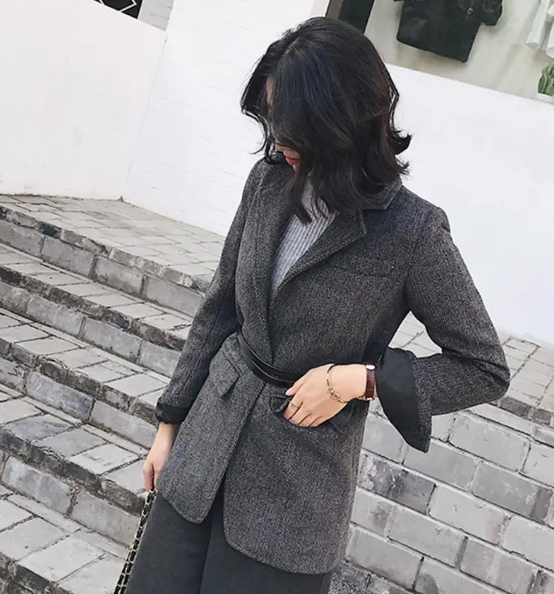Woolen Blazer Women Notched Coat Lady slim Long Sleeves OL Style wool small suit | Женская одежда