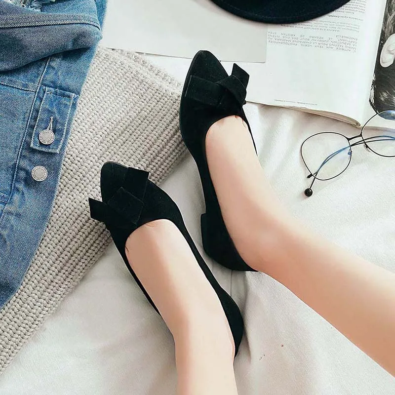 Women Flats Flock Shallow Slip on Cute Bow Woman Ballet Ballerina Female Flat Shoes Pointy Scrub Boat Plus Size 45 | Обувь