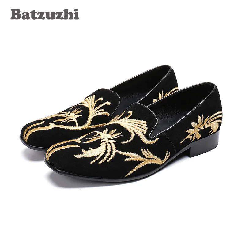 

Модные мужские туфли Batzuzhi, черные замшевые кожаные туфли, мужские дизайнерские вечерние туфли с золотой вышивкой, мужские мокасины