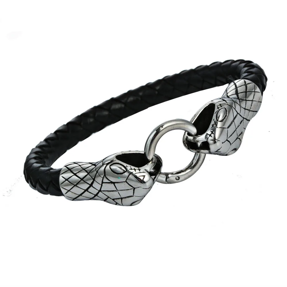 

2019 New Arrival Men Stainless Steel Leather Bracelets Men Jewelry Double snake head Charms Bracelets Bangles Wristband pulseira