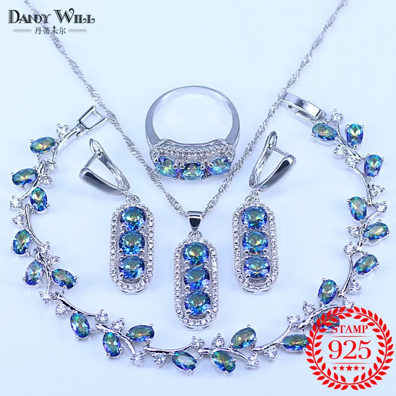 Beautiful Mystical Light Blue Rainbow Crystal Drop Pendant Necklace And Earrings Rings BraceletJewelry Set For Women | Украшения и