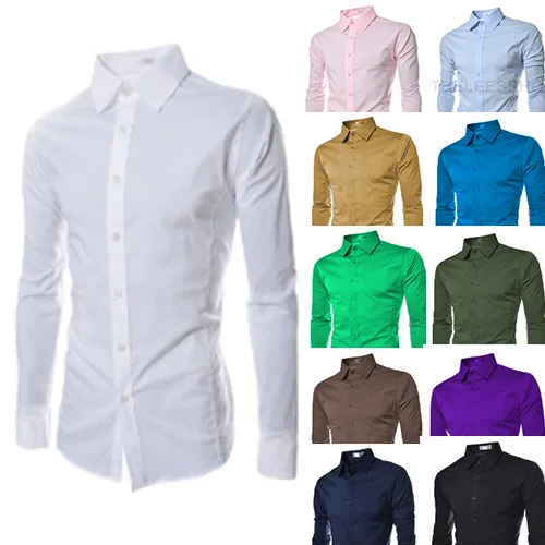 Однотонные мужские рубашки Повседневная деловая рубашка с отложным воротником