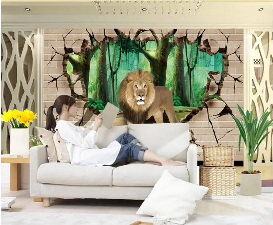 Фотообои на заказ 3d обои для комнаты лес Лев кирпичная стена фон телевизора