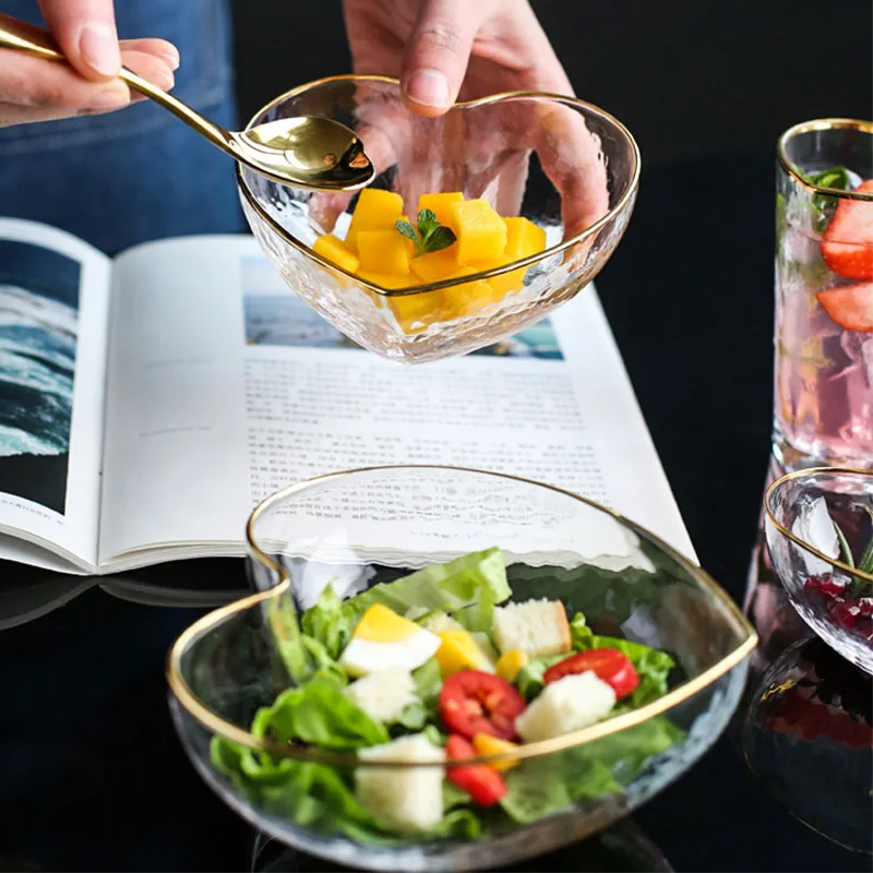 

Japanese gold rim glass bowl household salad bowl heart-shaped fruit bowl water cup dessert bowl