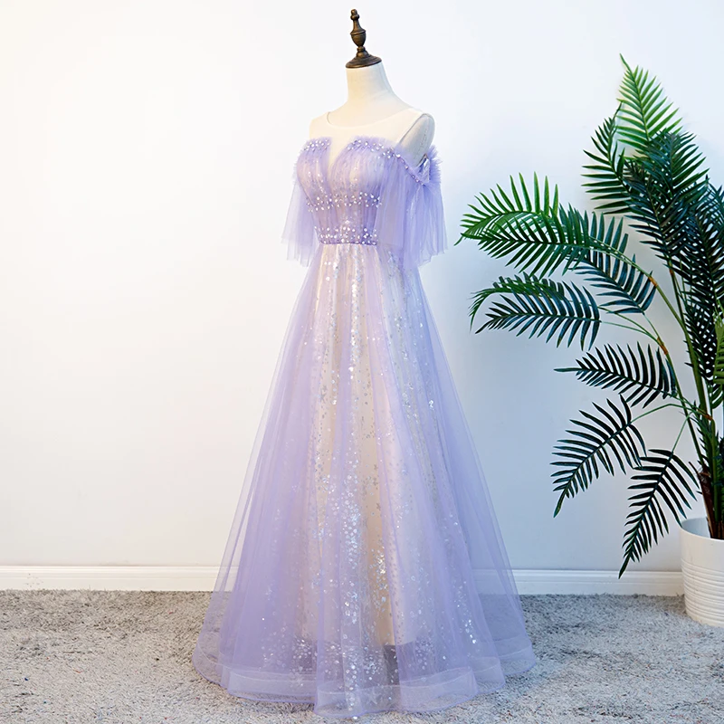 Женское вечернее платье со шнуровкой SSYfashion фиолетовое до пола с глубоким круглым