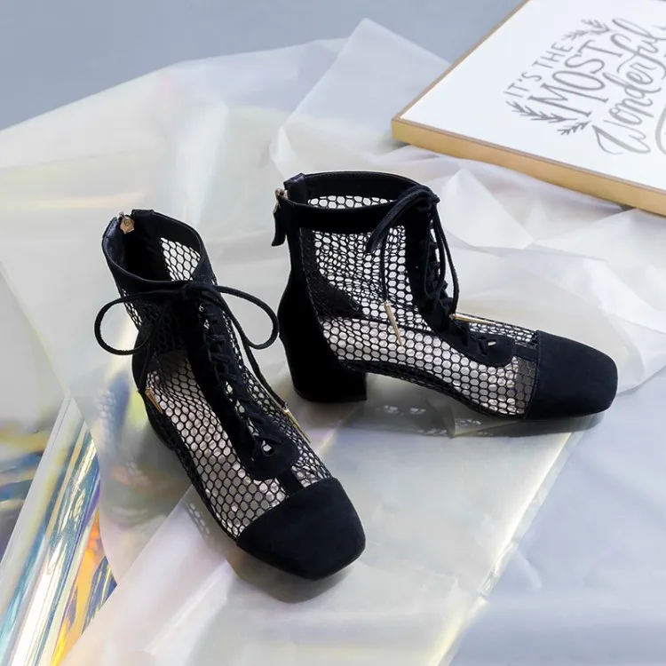 

2019 New Fashion Women Knee High Boots Square heels Sexy Lace up Summer women Mesh Boots Breathable Women's Shoes