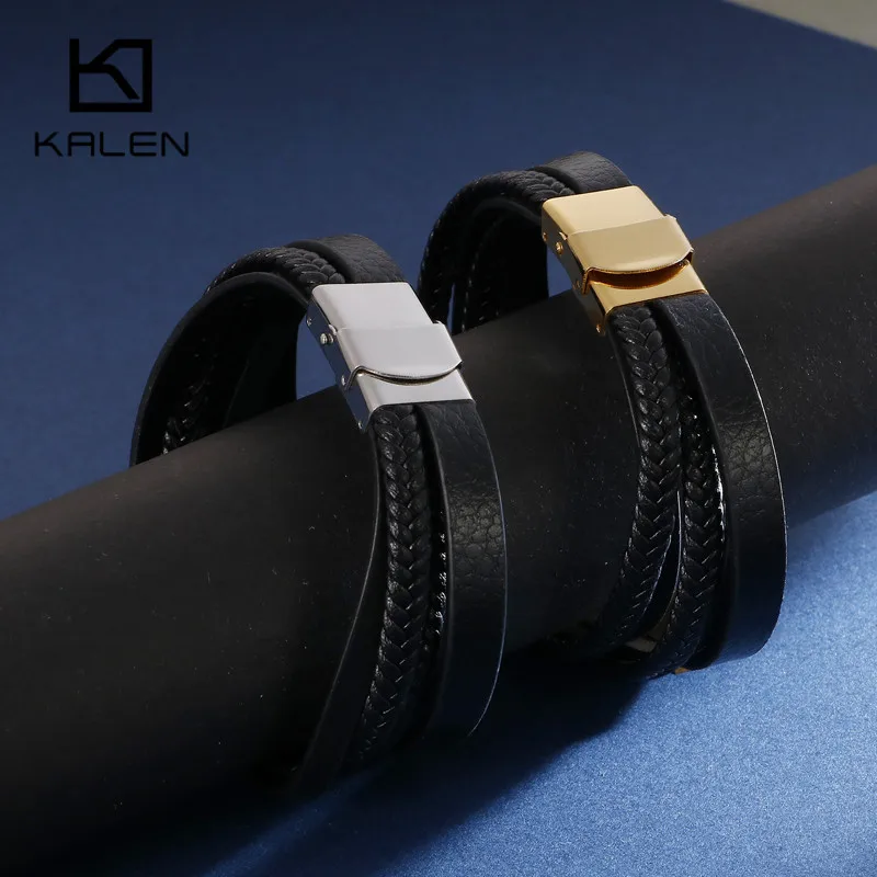 KALEN 22 5 см многослойные кожаные браслеты для мужчин из нержавеющей стали