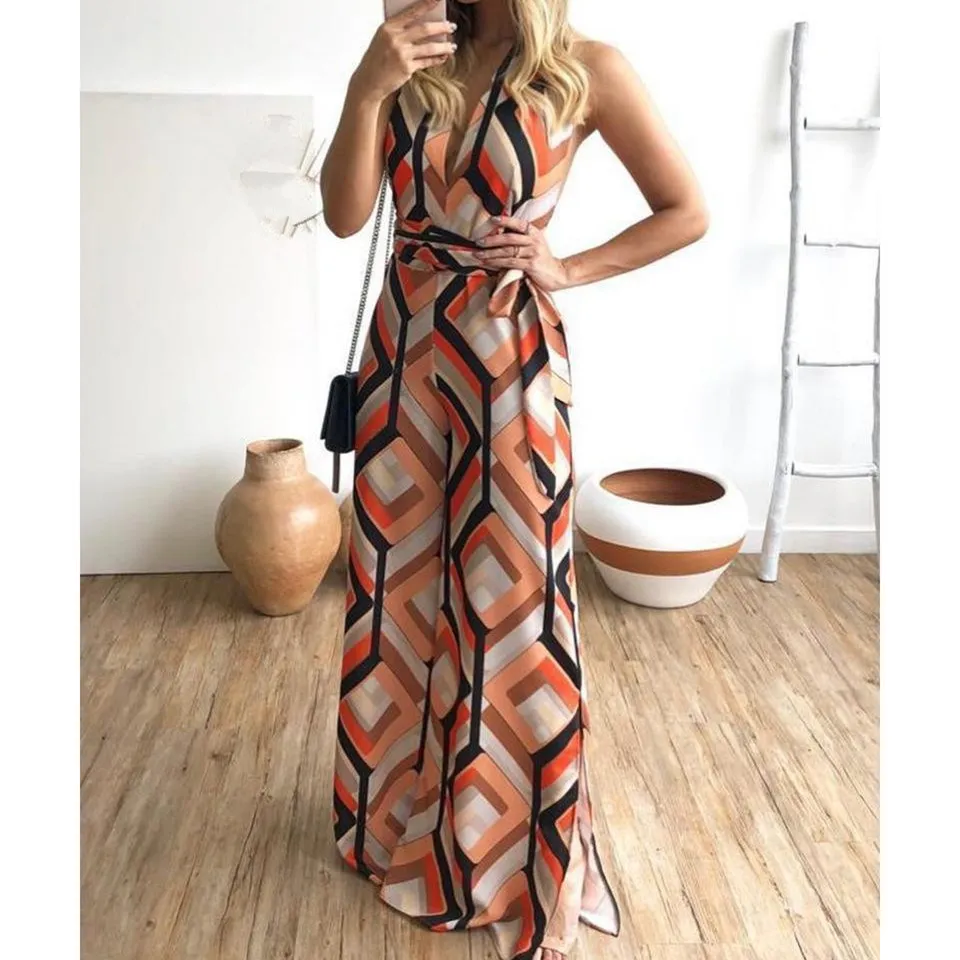 Sexy V Neck Geometric Printed Wide Leg Jumpsuit Women Sleeveless Sashes Party Beach Casual Summer Maxi Overalls | Женская одежда
