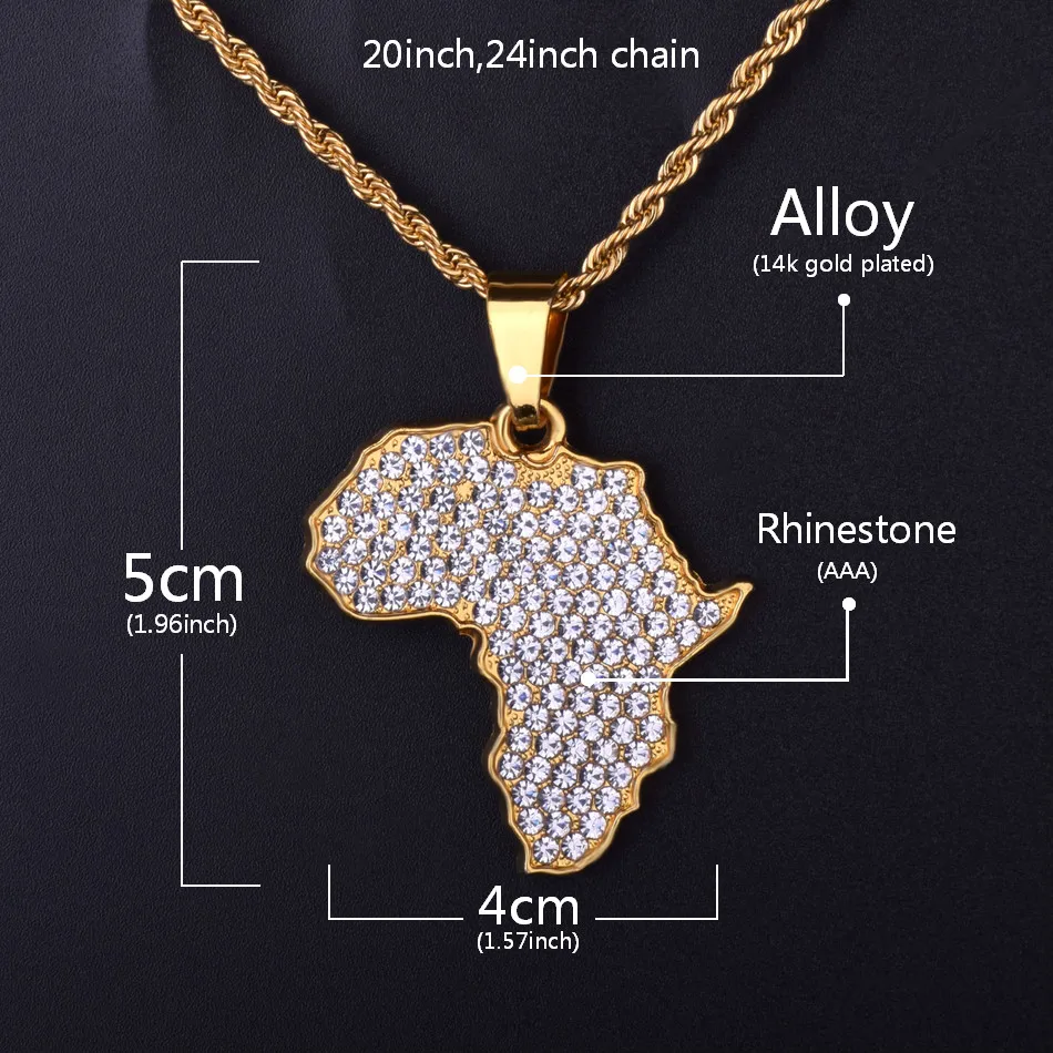 Кулон Карта Африки ожерелье Bling горный хрусталь кристалл золотой цвет хип хоп цепь для мужчин/женщин подарок африканские ювелирные изделия