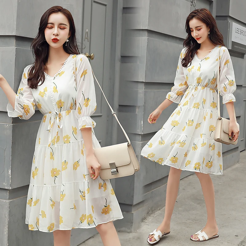 Женское шифоновое платье с цветочным принтом повседневное пляжное