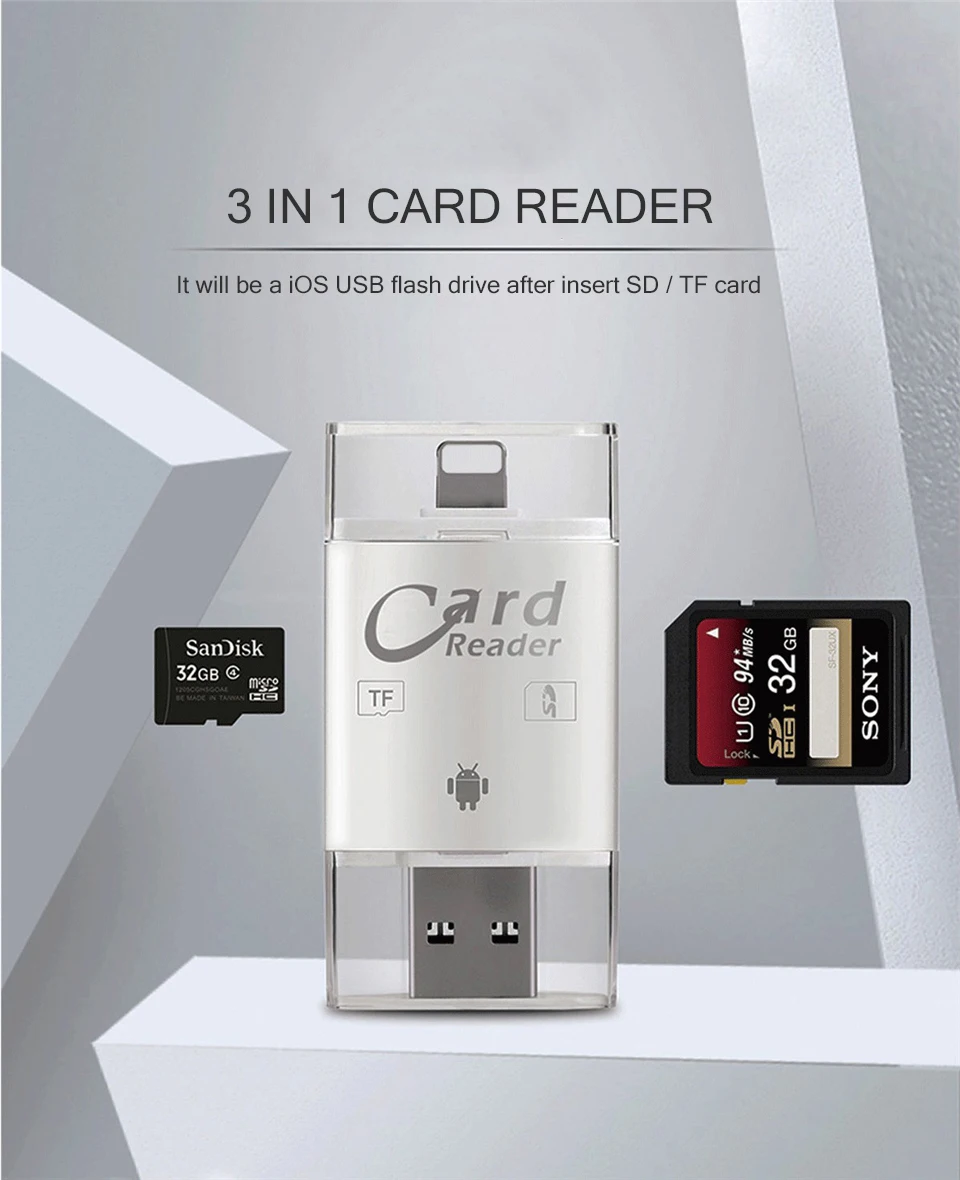 3 в 1 SD TF кардридер iOS Micro USB 2,0 Android мульти-система совместимый адаптер портативный считыватель карт для iPhone samsung iPad