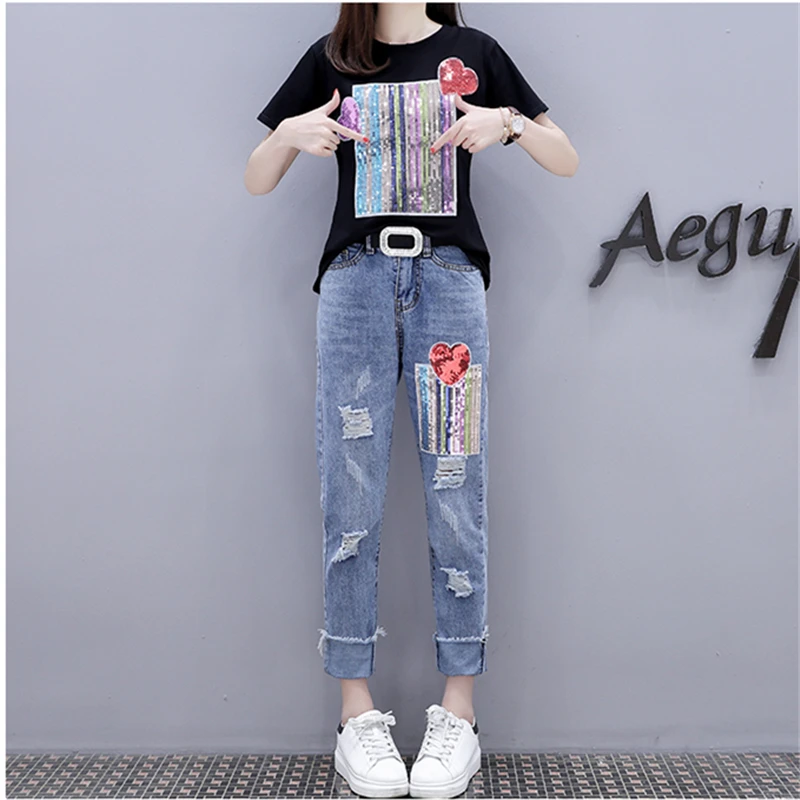 Summer New Fashion Two Piece Sets Women T shirt Sequins Short Sleeve Tshirt Tops + Casual Broken Hole Jeans Clothes | Женская одежда
