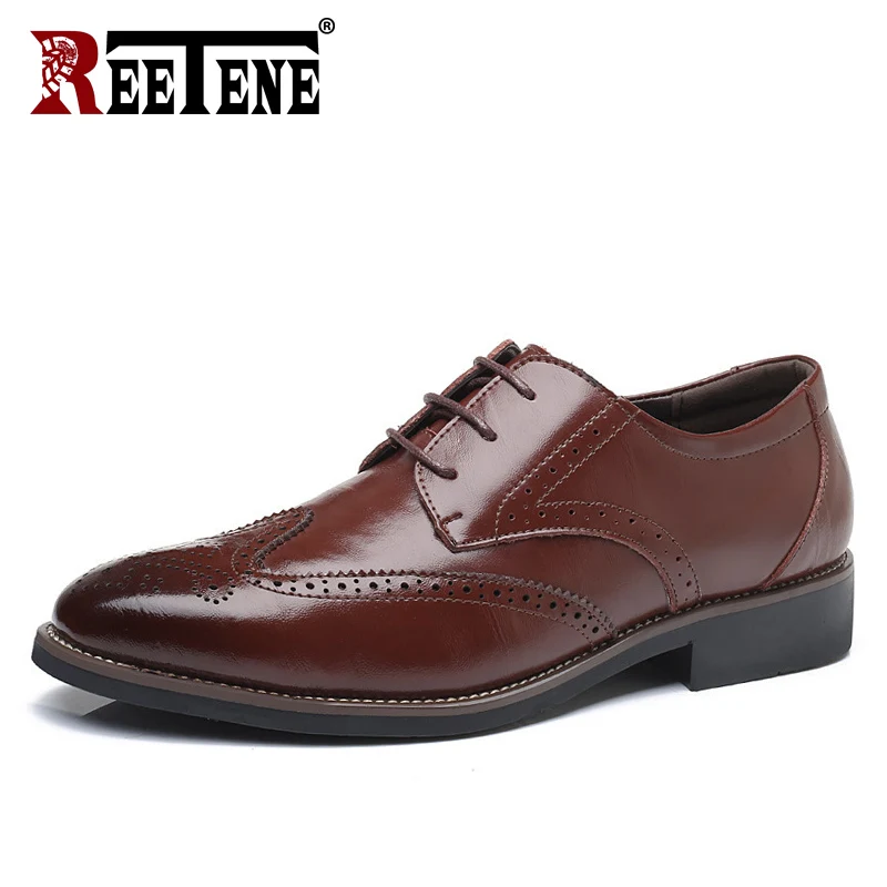 Reetene 38-48 Формальные Мужские модельные туфли круглый обувь оксфорды для мужчин на шнуровке классические грубые ботинки плоская подошва мужские официальные туфли - Цвет: Brown