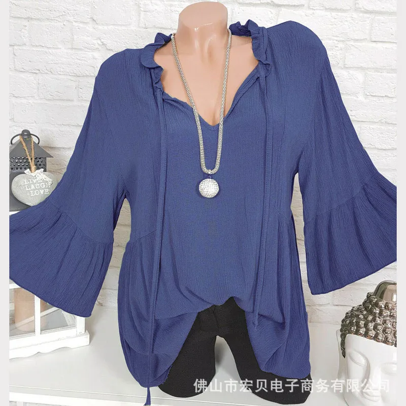 Large size women's shirt 2019 autumn Blouse solid color lotus leaf collar seven-point sleeve black 4XL 5XL |