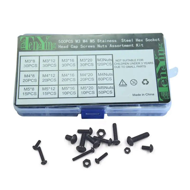 

500pcs 10.9 Grade Alloy Steel Nuts and Bolts Metric M3 M4 M5 Hex Socket Head Cap Screws Nuts Truss Head Screw Assortment Kit