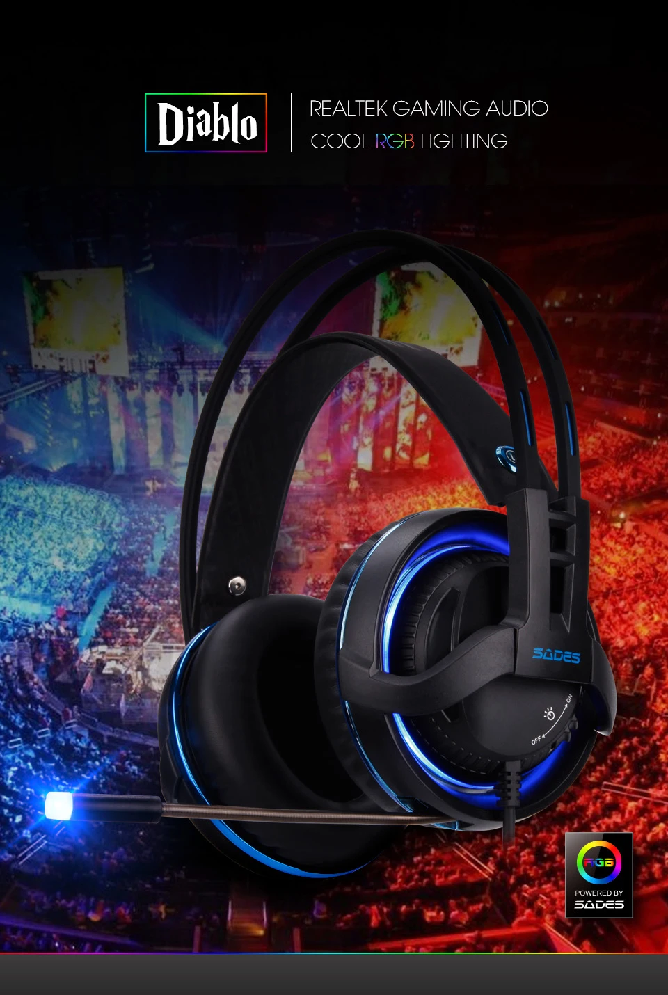 SADES Diablo игровая гарнитура USB наушники Realtek эффект объемного звука RGB светильник наушники