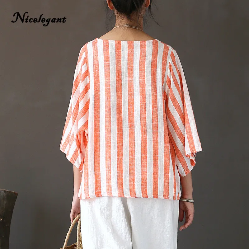 2019 New Women Shirts Vintage Comfortably Thin Half Sleeve O-Neck Cotton Linen Loose Original Casual Tops Female Striped |