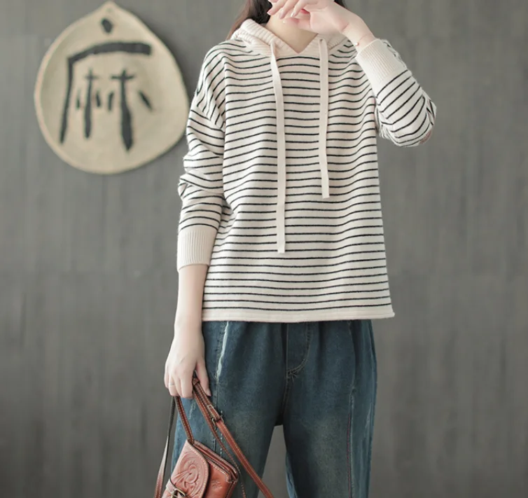 Autumn Sweater Women Fashion Loose Casual Tops New Mori girl Hooded Long-sleeved Striped High Quality Blended Female | Женская одежда