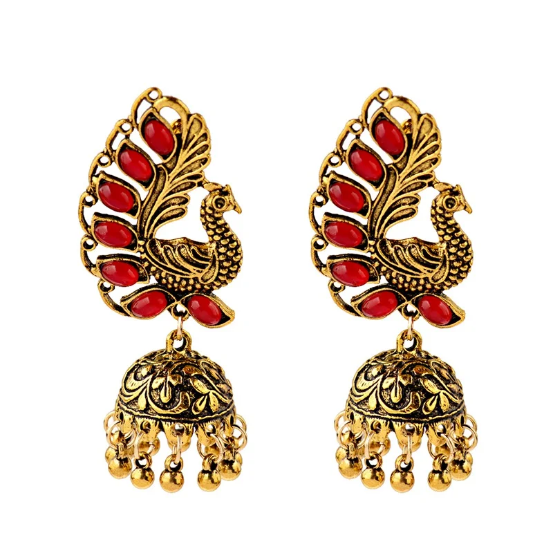 Индийские ювелирные изделия Jhumka Jhumki из золота в виде этнического павлина, серьги для женщин в винтажном стиле с черными бусинами, висячие серьги с кисточками, ювелирные изделия - Окраска металла: Style 2