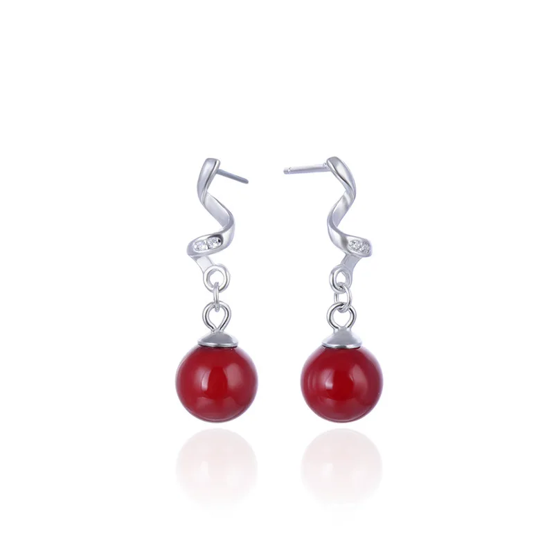 

YJAR002117 New Women Accessories S925 Pure Silver Ear Studs Lady Red Shellfish Inlaid Zirconia Long Original Handicraft Earrings