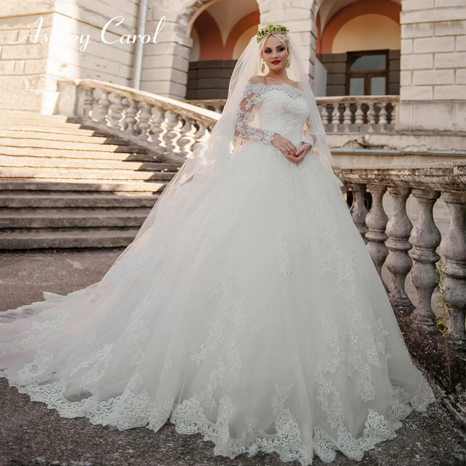 Ashley Carol Ball Gown Wedding Dress 2022 Elegant Boat Neck Long Sleeve Princess Vintage Luxury Bridal Gowns Vestido De Noiva | Свадьбы и