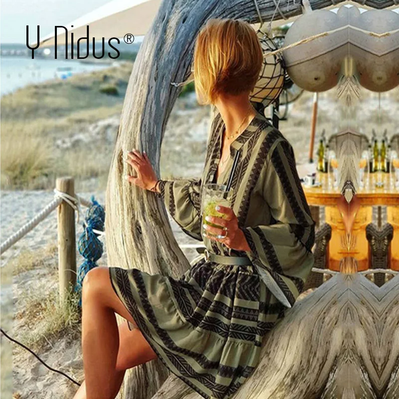 Y Nidus летние полосатые платья Мини женские 2019 Boho осенние вечерние короткие