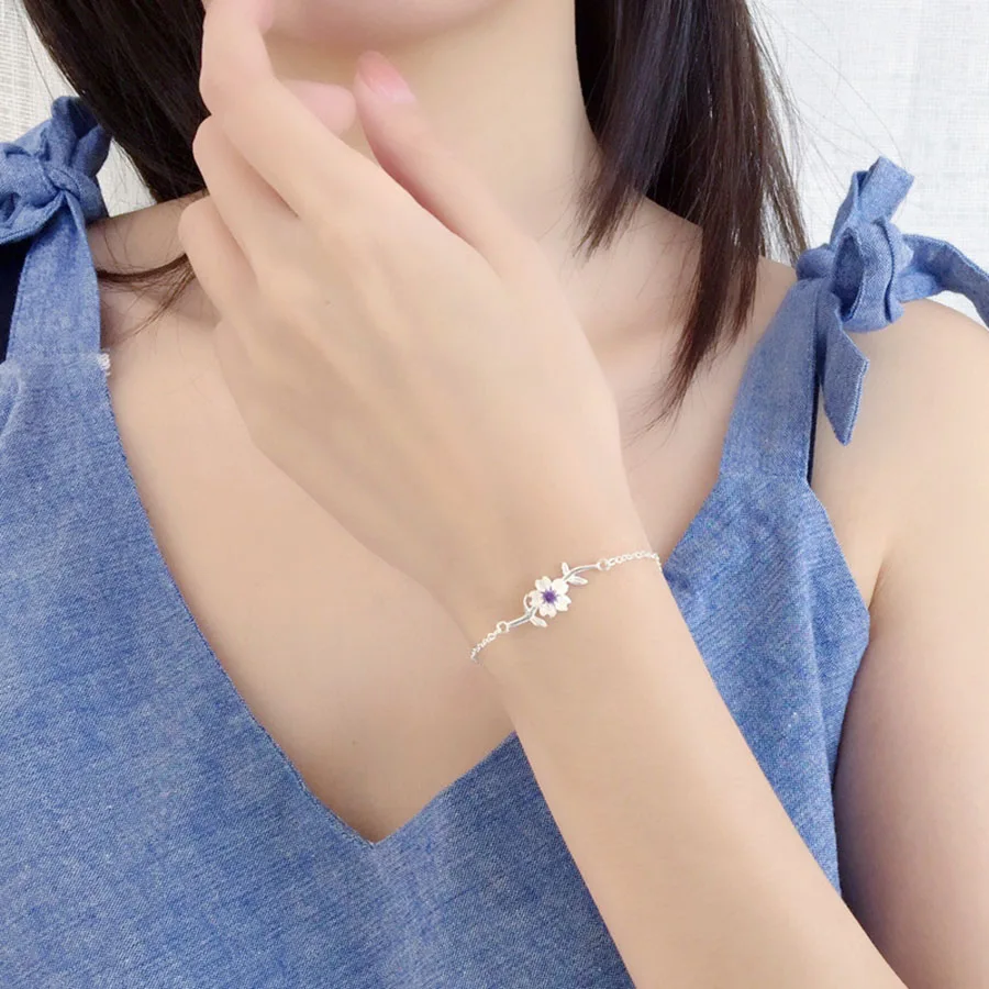 Fashion Beautiful Jewelry Cherry Blossoms Leaf Adjustable Bracelets Crystal Flower Opening Bangles For Female Gift | Украшения и