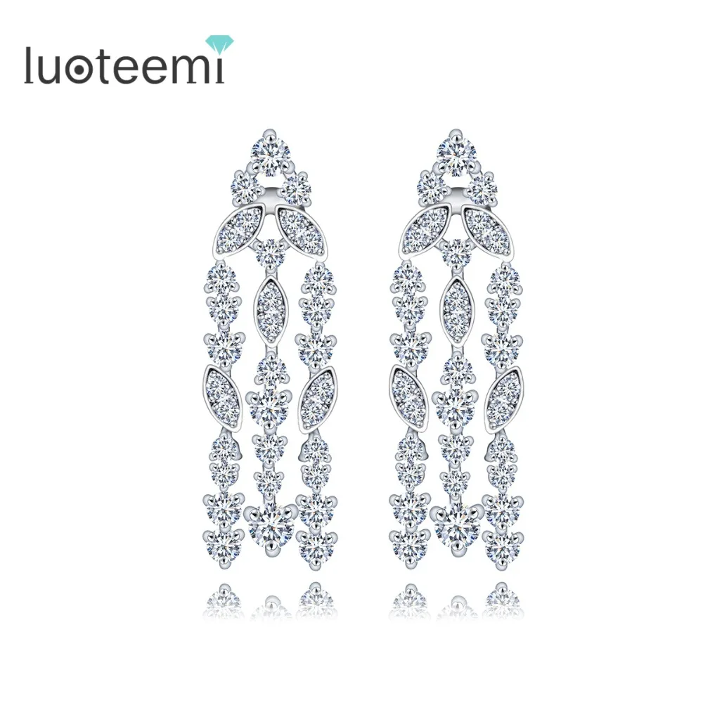 

LUOTEEMI New Vintage High Quality Tassel Drop Earring For Women Luxury Jewelry CZ Crystal Long Dangle Brincos White Gold-Color