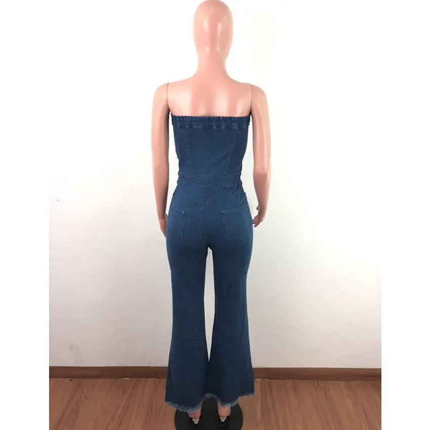 Wjustforu Strapless Sexy Denim Jumpsuit Women Off Shoulder Botton Jeans Wide Leg Bodysuit Female Bodycon Casual Overalls Vestido | Женская
