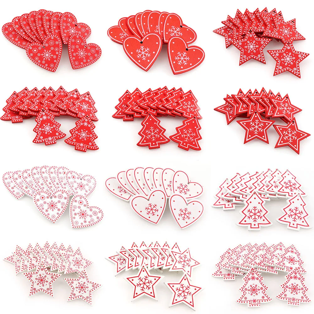 20PCS White&ampRed Tree/Heart/Star Wooden Pendants Ornaments For Christmas Party Xmas Tree Kids Gifts Decorations | Дом и сад