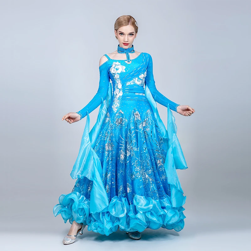 light blue Для участия в конкурсах бального танца платье женское длинное бальное платье для девочек Бальные Вальс платье, Одежда для танцев Стразы световой костюм - Цвет: light blue