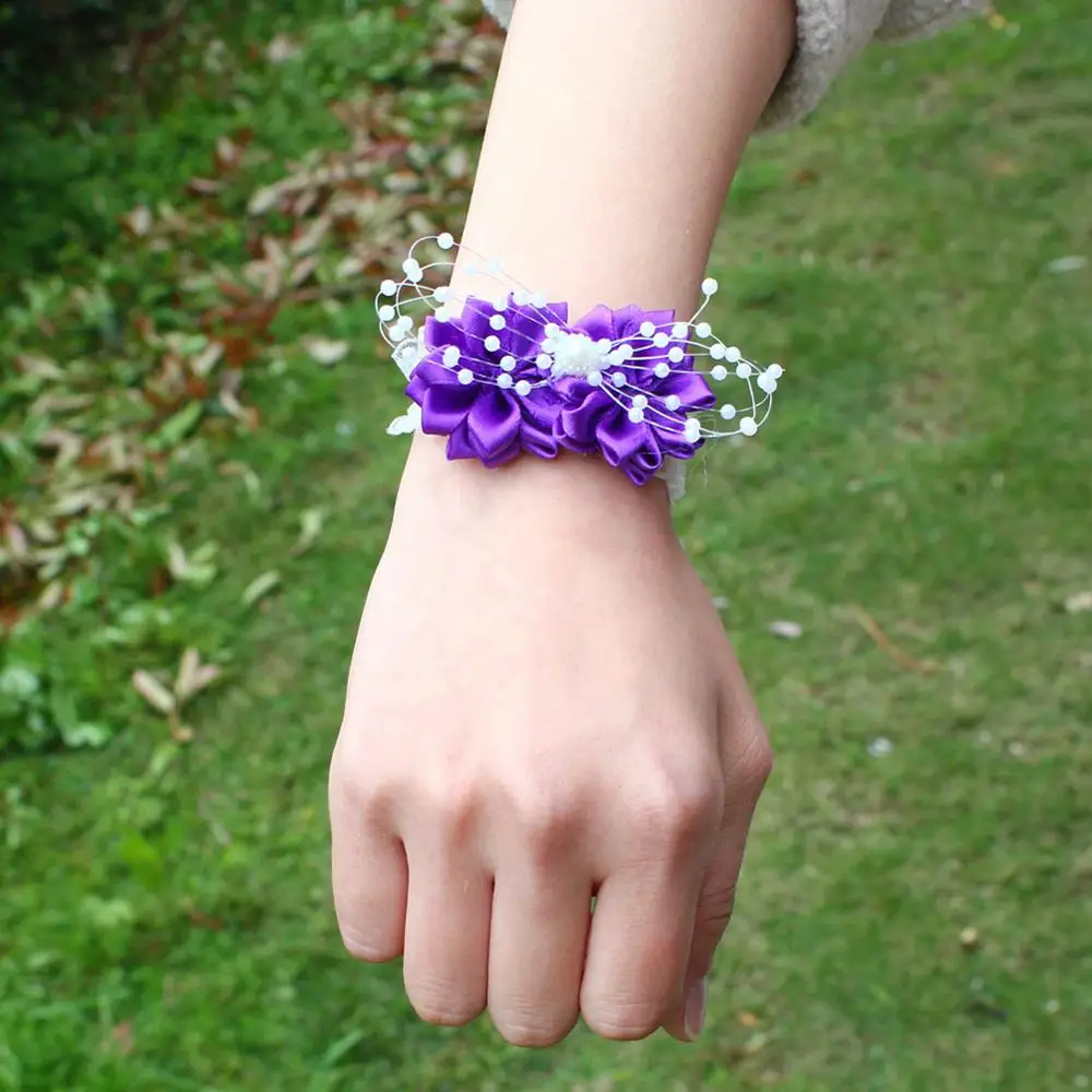 dark purple Жемчужный Свадебный корсаж из бисера, искусственные цветы цвета слоновой кости, браслет для подружки невесты, свадебные корсажи, браслет ручной работы SW0679 - Цвет: dark purple