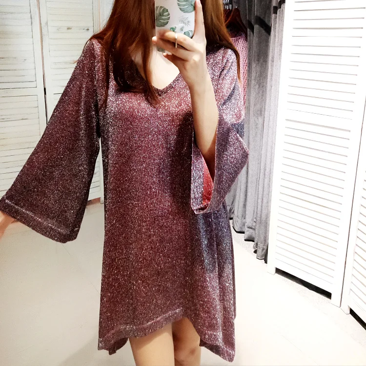 Женское асимметричное платье с люрексом Cakucool серебристое трикотажное длинными