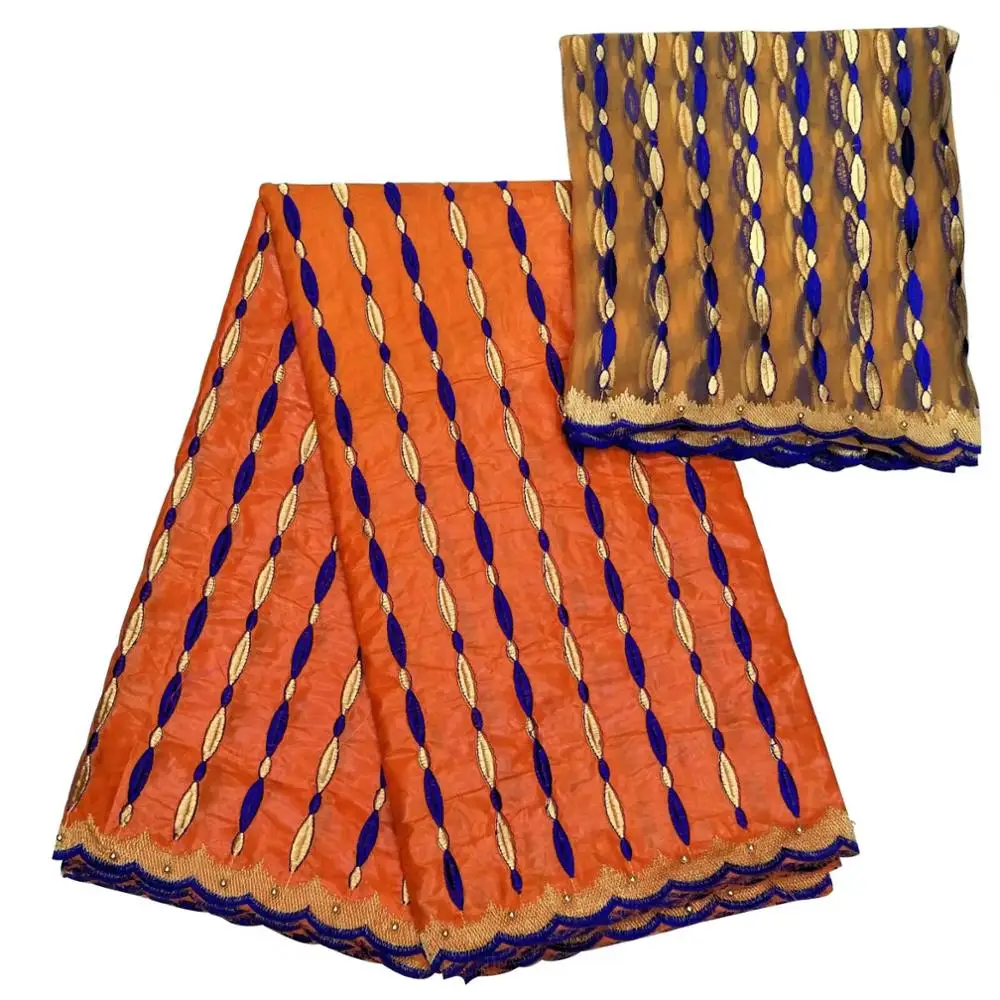 African royal blue bazin riche getzner 5 yards and tulle lace 2 purple orange african fabric high quality for dress | Дом и сад