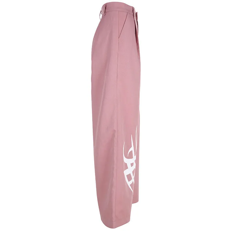 Women New Smoke Pink Black Print High Waist Slimming Wide Leg Trousers Fashion Streetwear Loose Straight Pants Hot Sale | Женская одежда