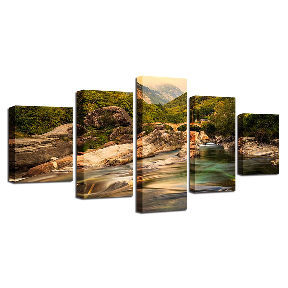 Home Decor Modern Living Room Wall Art Pictures 5 Pieces Green Mountain And River Painting Natural Scenery Modular Canvas Prints | Дом и сад