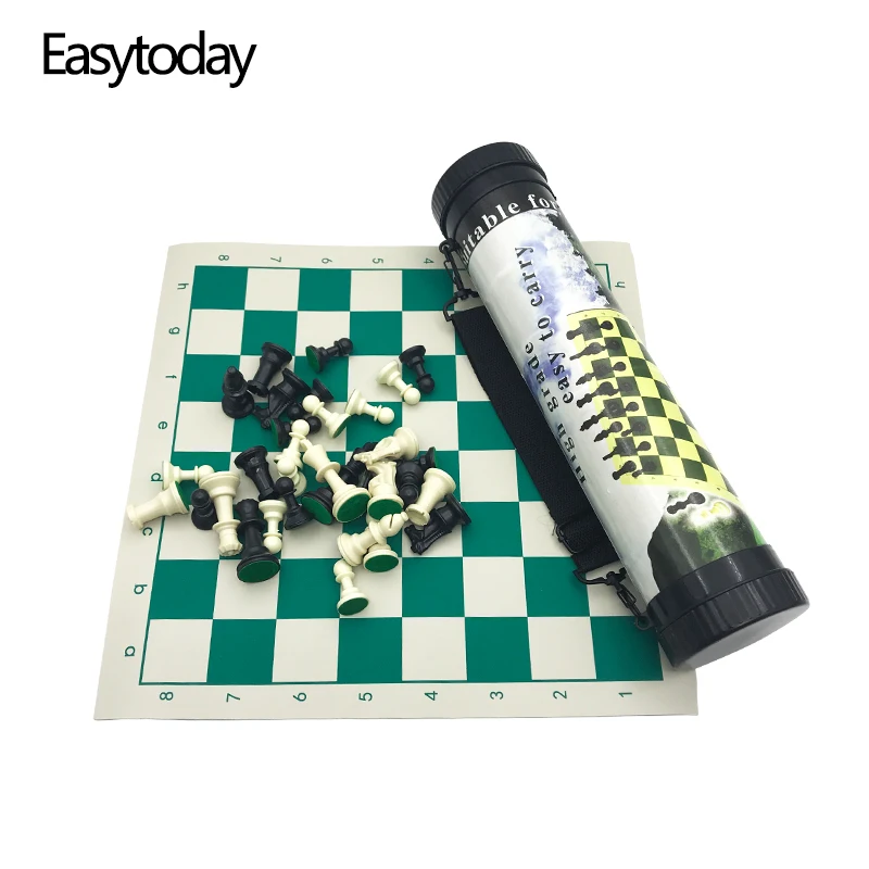 Easytoday Outdoor Chess Game Set Portable Plastic Chess Pieces Synthetic Leather Board Straps Travel Essentials Table Games Gift