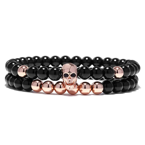 RoseGold BOYULIGE 6 мм черные бусы из природного камня браслеты и BanglesGold скелет браслет в стиле "панк" набор для мужчин и женщин ювелирные браслеты Горячая - Окраска металла: RoseGold
